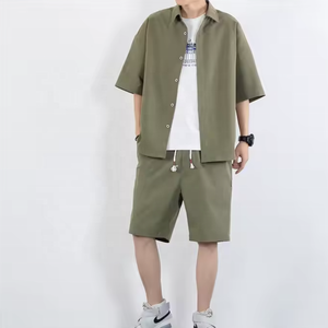 Nouvelle tendance grande taille deux pièces hommes été respirant 100% coton solide décontracté costume de plage ensemble - Product Image 5