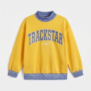 เสื้อสเวตเชิ้ตคอกลมพิมพ์ลาย Mama Letter สำหรับผู้หญิง สไตล์ลำลองสำหรับฤดูใบไม้ร่วง ตกแต่งด้วยผ้ากิ๊งแฮมส์สีม่วงและโบว์ประดับกลิตเตอร์ - Product Image 2