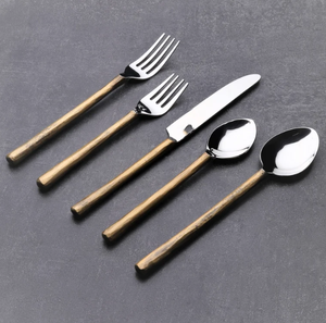 Vintage <b>Antique</b> Gold Handle Stainless Steel Cutlery Set Round Stem Flatware <b>Safe</b> Wedding Utensils - Product Image 1