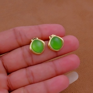 Prehnite Chalcedony Anti-Tarnish Brass Cabochon Handmade Gold-Plated Gemstone <b>Stud</b> <b>Earrings</b> for Women Trendy Jewelry - Product Image 3