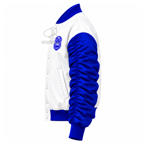 เสื้อแจ็คเก็ตวาร์ซิตี้ผ้าซาตินสีขาว-น้ำเงินสำหรับผู้หญิง Zeta Phi Beta  ติดกระดุมแบบ Snap  แขนพองจับจีบ  ทรงบอมเบอร์แบบนักศึกษา - Product Image 3