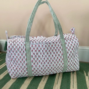 Cotton Floral Quilted Weekender Duffle Bag With Green Tassel Zipper Closure <b>Large</b> <b>Capacity</b> Travel <b>Backpack</b> For Women - Product Image 5