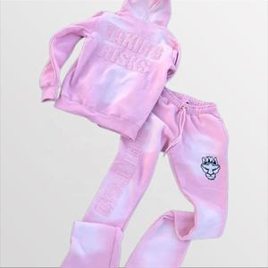 Ensemble de survêtement 2 pièces pour homme en coton, style streetwear imprimé hiver, broderie vieillie, ourlet brut, coupe évasée, sweat à capuche et pantalon de jogging - Product Image 4