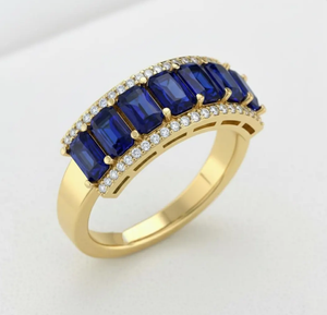 Anillo de Lujo de Media Eternidad con Zafiro Azul Cultivado en Laboratorio de 14 Quilates y Diamantes para Boda, Aniversario o Fiesta - Product Image 1