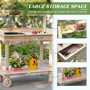 Banco da Lavoro in Legno Naturale con Ampio Spazio di Stoccaggio, Ruote e Cassetto con Lavello, Panca da Giardino - Product Image 6