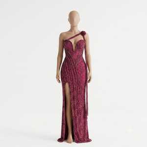 Burgundy Wine <b>Red</b> Beaded Maxi Evening Gown One Shoulder Strap 3D Rose Applique Deep V Neckline High Slit Fitted Mermaid Satin - Product Image 1