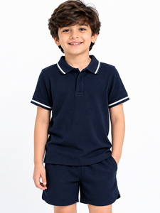 Conjunto de Polo Azul Marino para Niños, Camiseta y Pantalones Cortos de Mezcla de Algodón Texturizado, Atuendo Combinado, Ropa Cómoda de Verano, Premium para Niños - Product Image 1