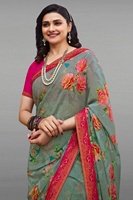 Sari indien traditionnel en georgette à imprimé floral, bordure rose, pour femme, tenue de mariage, coupe classique, longueur au sol, style ethnique, séchage rapide