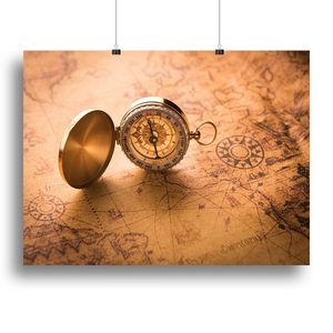 Stampa su Tela o Poster con Bussola in Stile Vintage su Vecchia Mappa, Prodotto di Navigazione - Product Image 1