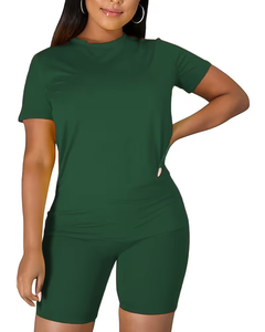 Women 2 Piece Shorts Set Solid Green T-Shirt Biker Shorts Casual Summer Outfit O-Neck Short Sleeve Breathable - Product Image 4