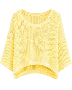 Suéter corto de punto amarillo personalizado para mujer, holgado, con diseño calado, estilo casual, manga ancha, top acanalado a la moda - Product Image 1