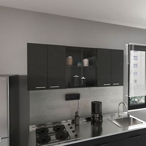 Shelton 59-Inch Wall Cabinet with Two Center Glass Doors Black Wengue <b>Kitchen</b> <b>Storage</b> <b>Unit</b> - Product Image 1
