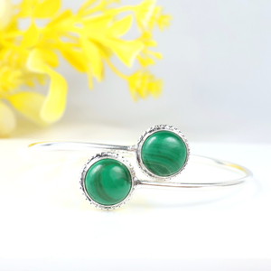 Top Natural Malachite Two-<b>Stone</b> Round Bangle <b>Bracelet</b> - 925 Sterling Silver Plated Adjustable Open Cuff Jewelry for Wholesale - Product Image 2