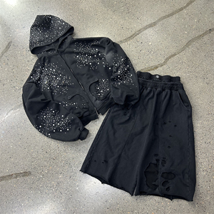 American Streetwear Hip Hop Style Men's Hoodie & <b>Pants</b> Set Full of Rhinestone Fashion Cotton Hoodie and Flare Sweatpants Set - Product Image 1