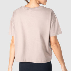 เสื้อยืดกอล์ฟแขนสั้นคอกลมสีเบจสำหรับผู้หญิง ผ้าฝ้าย 100% สวมใส่สบาย สีพื้น ผ้าถัก ระบายอากาศได้ดี - Product Image 2
