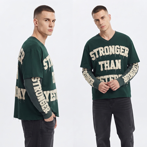 <b>Men's</b> Oversized V-Neck T-<b>Shirt</b> With Embroidered American Street Style Double Layer Long Sleeve Tee <b>Men</b> Embroidery T <b>Shirts</b> <b>Mens</b> - Product Image 2