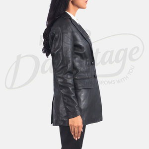 Chaqueta Blazer de Cuero Genuino Negro para Mujer, Corte Entallado, Piel de Oveja Premium, Dos Botones, Formal, Casual, de Negocios, Abrigo Largo - Product Image 2