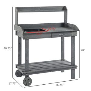 Banco da Giardinaggio in Legno Grigio con Ruote, Lavello Esterno, Cassetto e Spazi di Stoccaggio - Product Image 3