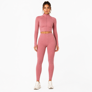Conjunto de Yoga Personalizado para Mujer, Sin Costuras, Acanalado, Top Corto con Cierre y Manga Larga, Leggings de Cintura Alta, Ropa Deportiva para Gimnasio, OEM ODM - Product Image 5