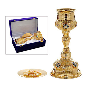 Brass Chalice and Paten Set with Enamel | Church <b>Communion</b> Set – DOUBLE VEE EXPORTS - Product Image 1