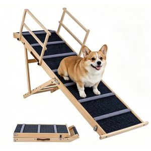 Rampa per Animali Domestici in Legno di Pino Massiccio, 6 Livelli Regolabili, Pieghevole, Antiscivolo, Scala per Cani con Corrimano, Capacità 145 Libbre, per Uso in Camera da Letto - Product Image 2