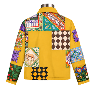 Chaqueta de trabajo amarilla mostaza con mosaico, diseño floral multicolor, abotonada, informal, de manga larga, estilo streetwear, prenda exterior de moda. - Product Image 2