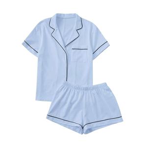 Ensemble de pyjamas 100% coton personnalisés XL pour femmes été quotidien à manches courtes avec col tournant solide pour les vêtements de nuit d'hiver et d'automne - Product Image 3
