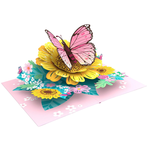 Tarjeta de felicitación emergente rosa con diseño de mariposa, temática floral, tarjeta hecha a mano con mariposas, fabricante de Vietnam, tarjeta emergente 3D, manualidades en papel. - Product Image 3