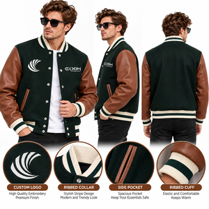 Chaqueta Varsity para Hombre en Verde y Marrón con Mangas de Cuero, Botones a Presión, Estilo Béisbol, Clásica Universitaria - Product Image 6