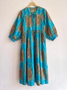 Robe longue décontractée d'été pour femme, imprimé bloc turquoise motif tigre, col en V, manches bouffantes, coupe ample bohème, tissée, tendance - Product Image 3
