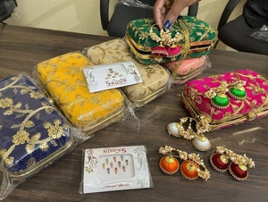Handcrafted Indian Ethnic Silk <b>Clutch</b> Bag with Zardosi Embroidery and Matching Silk Thread Jhumka Earrings Set - Product Image 2