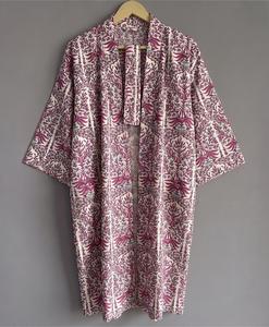 Robe Kimono en Coton Faite à la Main, Imprimée à la Main, Motifs Floraux Vintage Assortis, Robe Kimono pour Femme, Ceinturée sur le Devant, Robe Midi Décontractée - Product Image 3