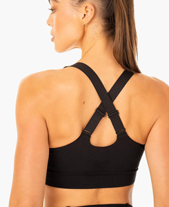 Soutien-gorge de sport noir pour femme, col carré, dos nageur, respirant, maintien élevé, sans couture, logo avant, haut de yoga, faible MOQ, 220g - Product Image 2