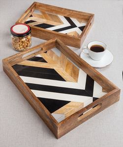 Ensemble de plateaux de service en bois géométriques modernes avec incrustation en résine, plateau rectangulaire de qualité supérieure pour le petit-déjeuner, organisateur décoratif pour table basse - Product Image 2