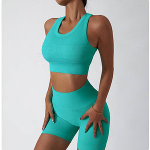 Ensemble de sport 2 pièces respirant et écologique en Spandex/Nylon, soutien-gorge et short à taille élastique pour le yoga, la gym et le fitness - Product Image 5