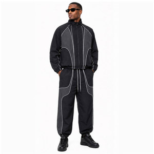 Ensemble de survêtement noir pour homme, manches longues, fermeture éclair sur le devant, sportif, deux pièces, coupe classique, vêtements d'automne, respirant, poches latérales - Product Image 2