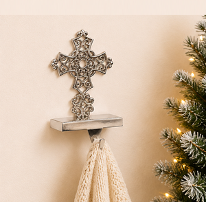 Silver Filigree Cross Christmas <b>Stocking</b> <b>Holder</b> For Mantle Metal Ornate Religious <b>Stocking</b> Hanger Decorative Holiday Mantel Home - Product Image 4