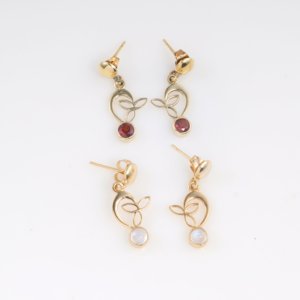 Celtic <b>Knot</b> Natural Garnet Rainbow Moonstone Drop <b>Earrings</b> Brass Gold Plated Bezel Set Handmade Nature Inspired Gift Women - Product Image 1