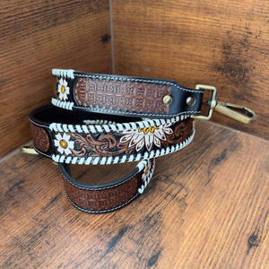 Hand Tooled Whipstitch Daisy Flower 1.5" Shoulder Strap Genuine Leather Western Replacement Bag Strap with Antique Brass Snaps - Product Image 2
