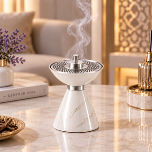 Brûleur d'encens Bakhoor, diffuseur d'aromathérapie, base en marbre blanc à motifs avec couvercle en acier inoxydable, trous de ventilation, utilisation en intérieur - Product Image 1