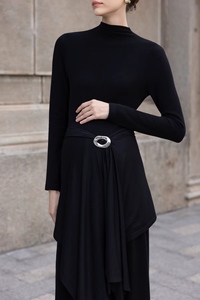 Summer Woven Midi Turtle Neck Casual Regular Sleeve Minimalist Simple Stripes Loose Waist Breathable Front Logo Dresses - Product Image 5