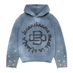 เสื้อฮู้ดดี้ผู้ชายทรงโอเวอร์ไซส์ สไตล์ฮิปฮอป ล้างสีแบบแอซิดวอช สีซีดจาง แต่งลายปักและประดับคริสตัล ขายดี - Product Image 4