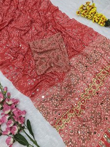 <b>Red</b> Silk Bandhani Print Saree Set Mirror Work <b>Blouse</b> Embroidered Border Tassel Finish-Traditional Indian Wedding Party Outfit - Product Image 2