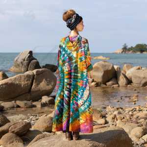 Robe Kimono de Soirée Pailletée à Manches Longues avec Broderie Main, Volants et Dentelle, en Viscose/Coton, Style Bandeau, Col en V Profond, 1 Pièce - Product Image 4