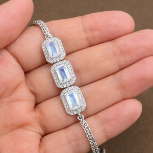 Trendy <b>Rainbow</b> Moonstone Emerald-Cut Micro Insert Women's Chain Bracelet Rhodium Plated 925 Sterling Silver Wedding Party Gift - Product Image 2