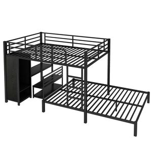 Letto a castello Queen Size con armadio integrato, scrivania e sedie con contenitore, in metallo nero - Product Image 6