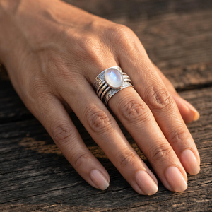 Natural Rainbow Moonstone <b>Ring</b> Vintage Wide Band Silver Plated Bohemian Jewelry for unisex - Product Image 3