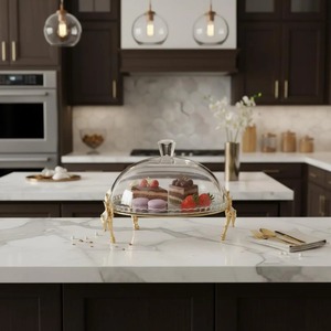 Support à gâteau rond en verre avec base et couvercle en métal doré, idéal pour la présentation de gâteaux et pâtisseries, centre de table pour salle à manger, provenance Inde. - Product Image 3