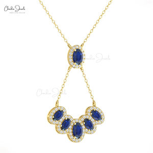 Collar de Alta Calidad con Zafiro Azul de 1.76CTW y Halo de Diamantes Blancos, Elaborado en Oro Real de 14k, Gema de Corte Ovalado, Joyería para Boda - Product Image 3