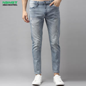 Jean en denim déchiré bleu clair pour homme, coupe slim, effet usé, en coton, style décontracté, pantalon tendance et confortable - Product Image 1